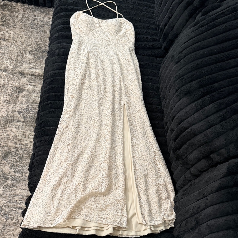 David's Bridal Ivory Lace Strapless Evening Gown